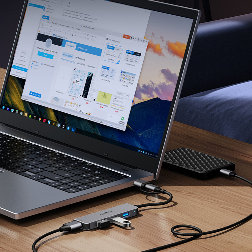 HUB 4-port input 2in1: USB-A/USB-C / output: 3x USB-A 2.0 + 1x 3.0 cable 0.17M - gray