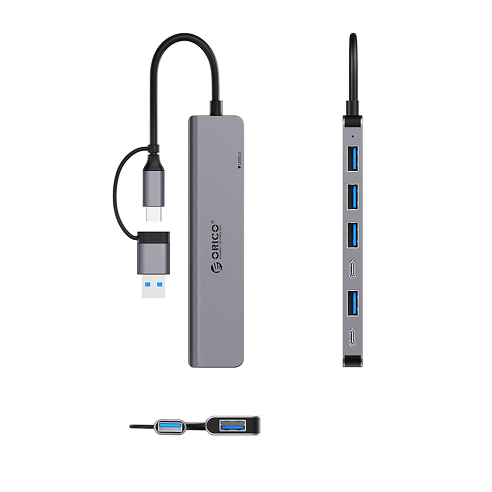 HUB 7-port input 2in1: USB-A/USB-C / output: 4x USB-A 2.0 + 1x 3.0 2x USB-C cable 0.17M - gray