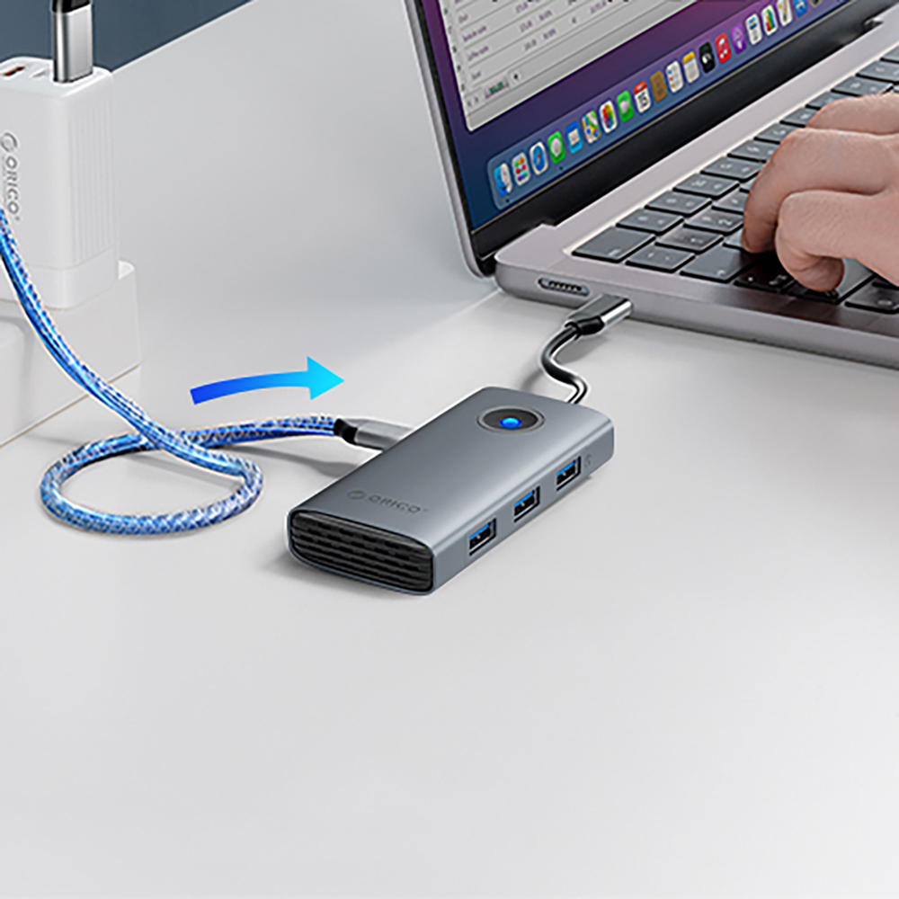 USB-C хаб Orico PW11-6P 6-в-1 (3x USB-A, 1x USB-C, PD, HDMI), серый