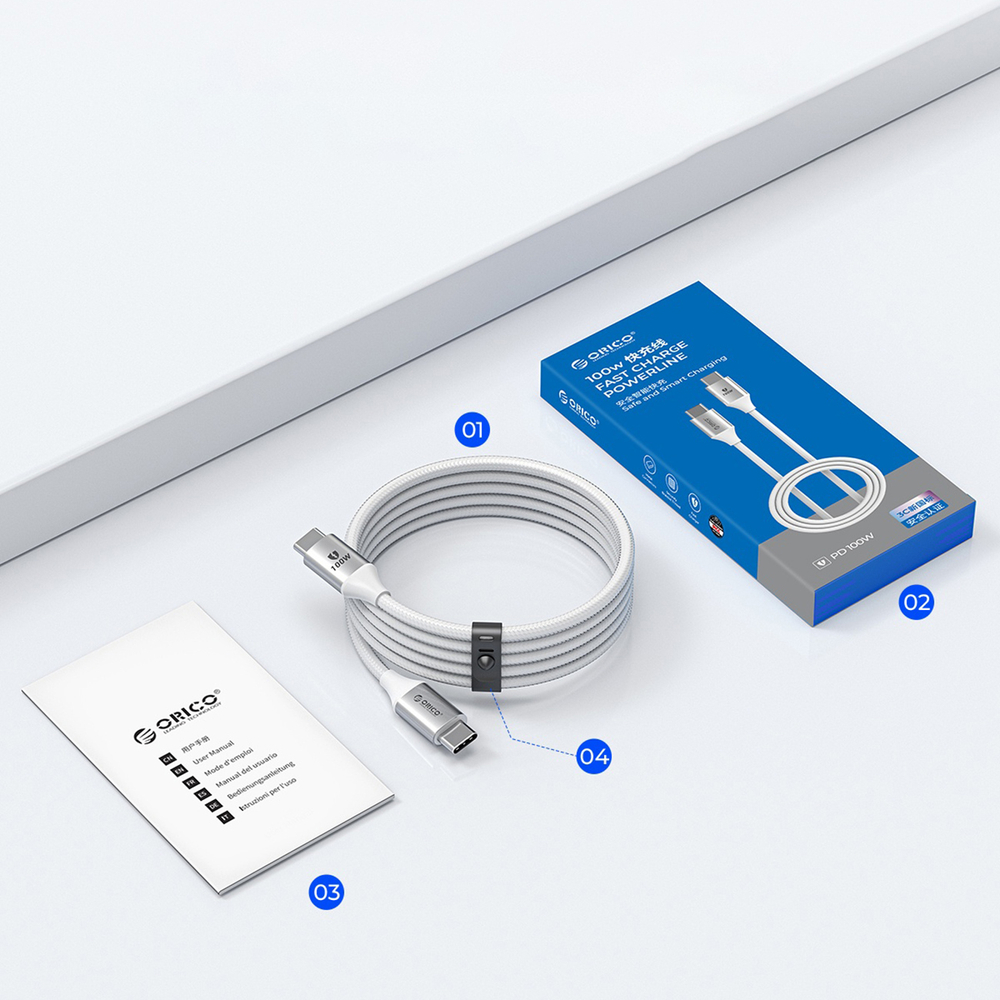 Orico CDX USB-C uz USB-C kabelis 100W 5A 1m, balts