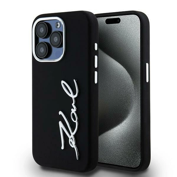 Karl Lagerfeld Silicone Metal Script Logo iPhone 15 Pro Max Case - Black