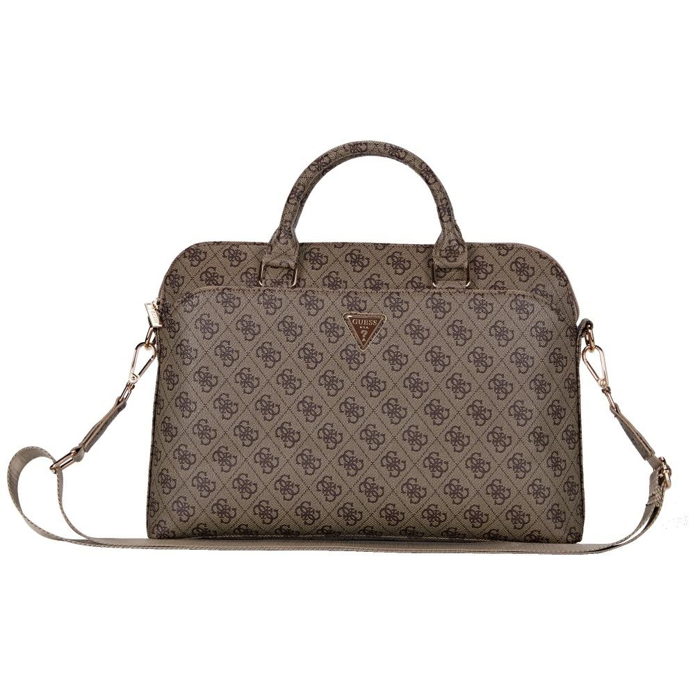 Guess 4G Zipper Pocket Triangle Logo 15" Laptop Bag - Brown