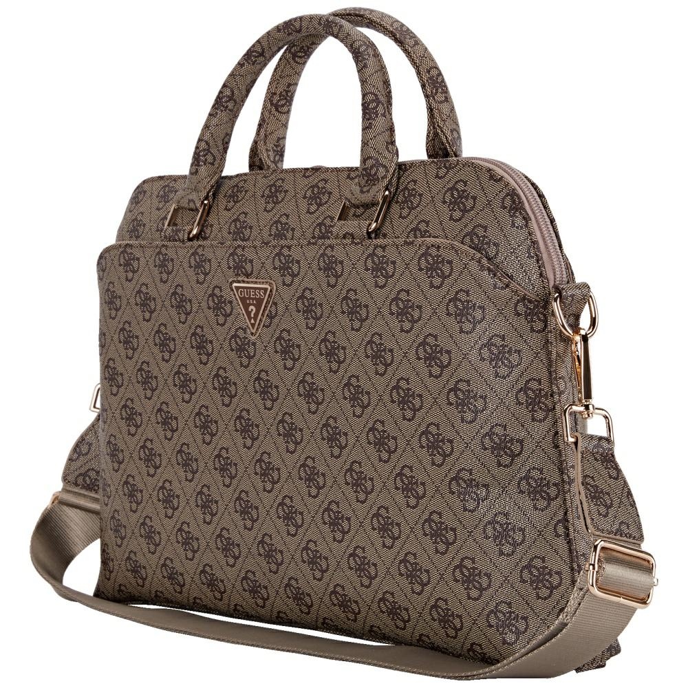 Guess 4G Zipper Pocket Triangle Logo 15\" Laptop Bag - Brown