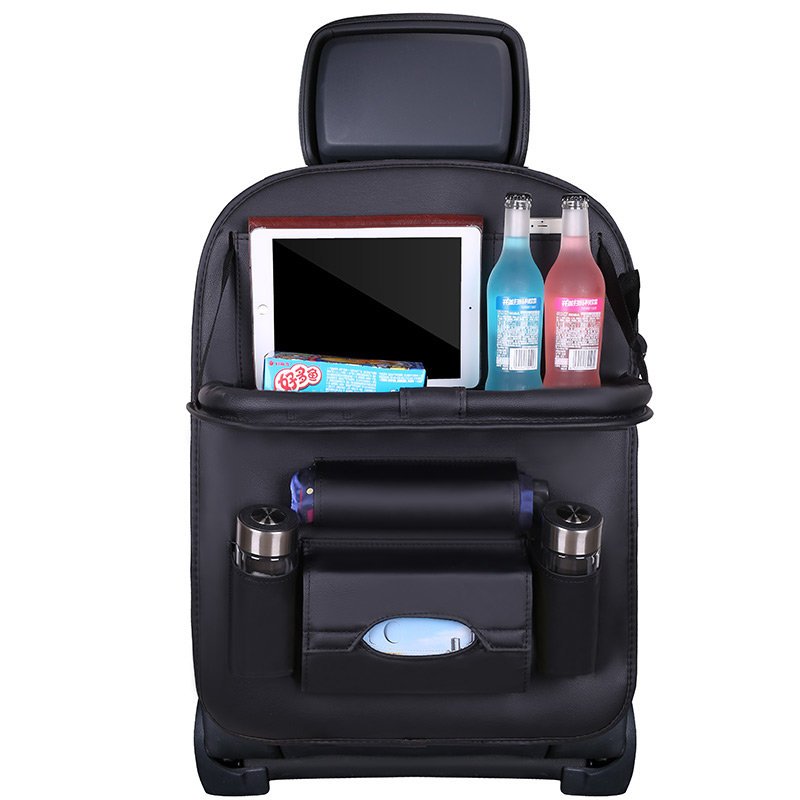 Black Eco-Leather Car Seat Organizer with Folding Table