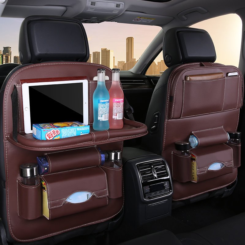 Black Eco-Leather Car Seat Organizer with Folding Table