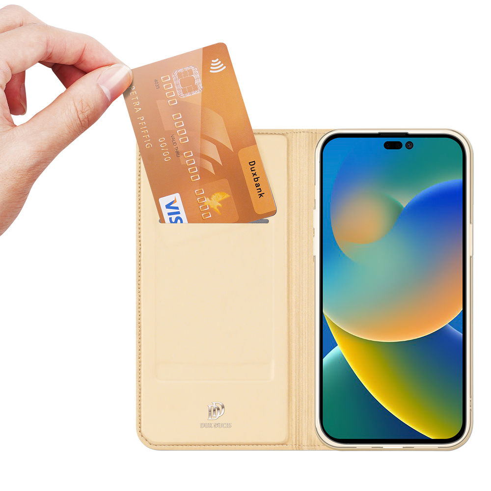 Dux Ducis iPhone 14 Pro Max atverams vāciņš maciņš grāmatiņa Skin Pro, zelta