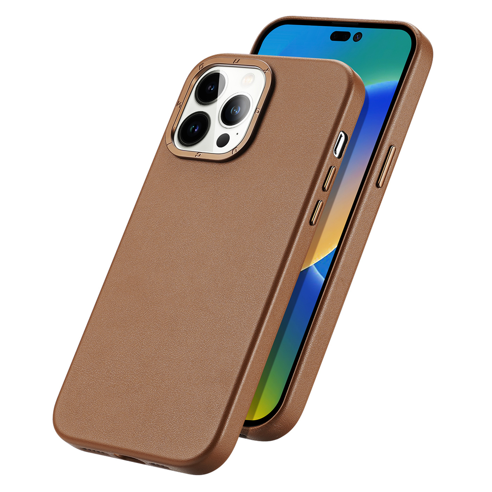Dux Ducis Grit Leather Phone Case Cover iPhone 14 Pro Max Elegant Faux Leather Cover (MagSafe Compatible) Brown