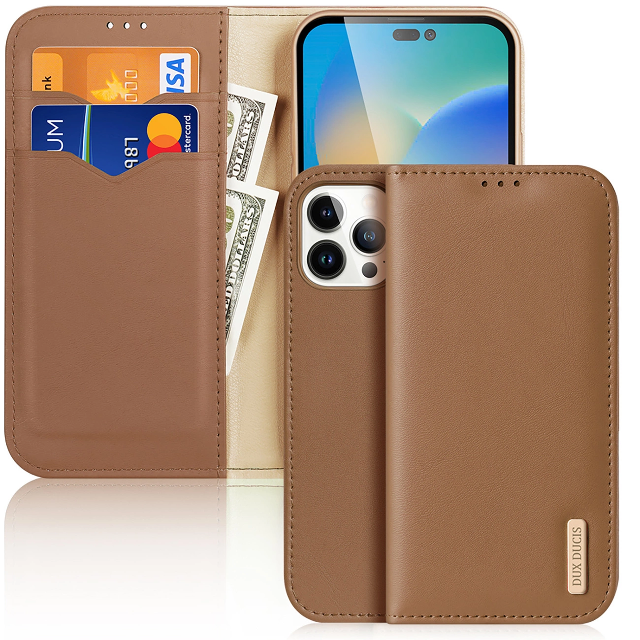 Dux Ducis Hivo Leather Flip Cover Genuine Leather Wallet Cards and Documents iPhone 14 Pro Max Brown