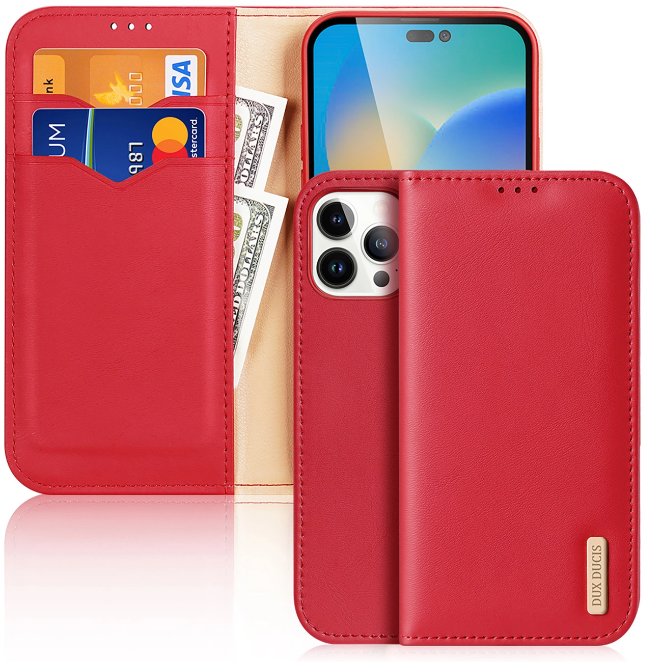 Dux Ducis Hivo Leather Flip Cover Genuine Leather Wallet Cards and Documents iPhone 14 Pro Max Red