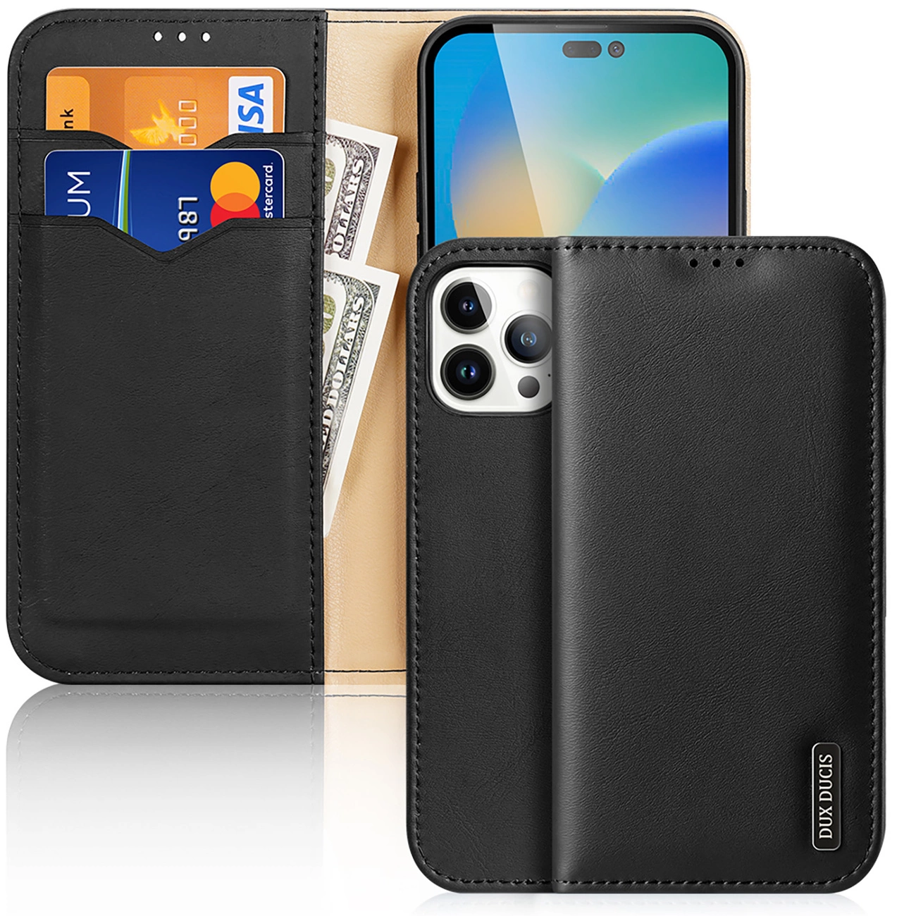 Dux Ducis Hivo Leather Flip Cover Genuine Leather Wallet Cards and Documents iPhone 14 Pro Max Black