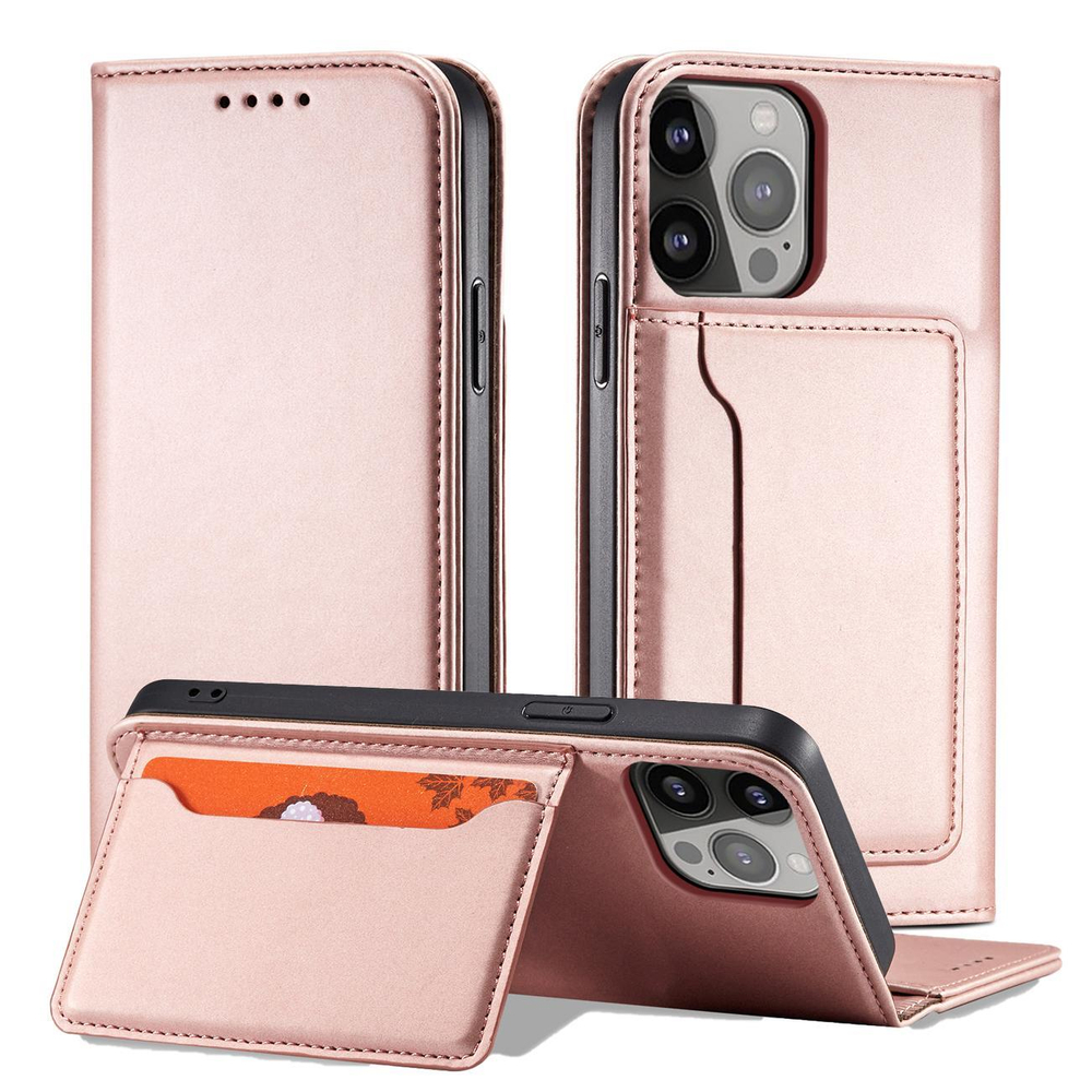 Magnet Card Case for iPhone 14 Pro Max Wallet Flip Cover with Stand, Pink