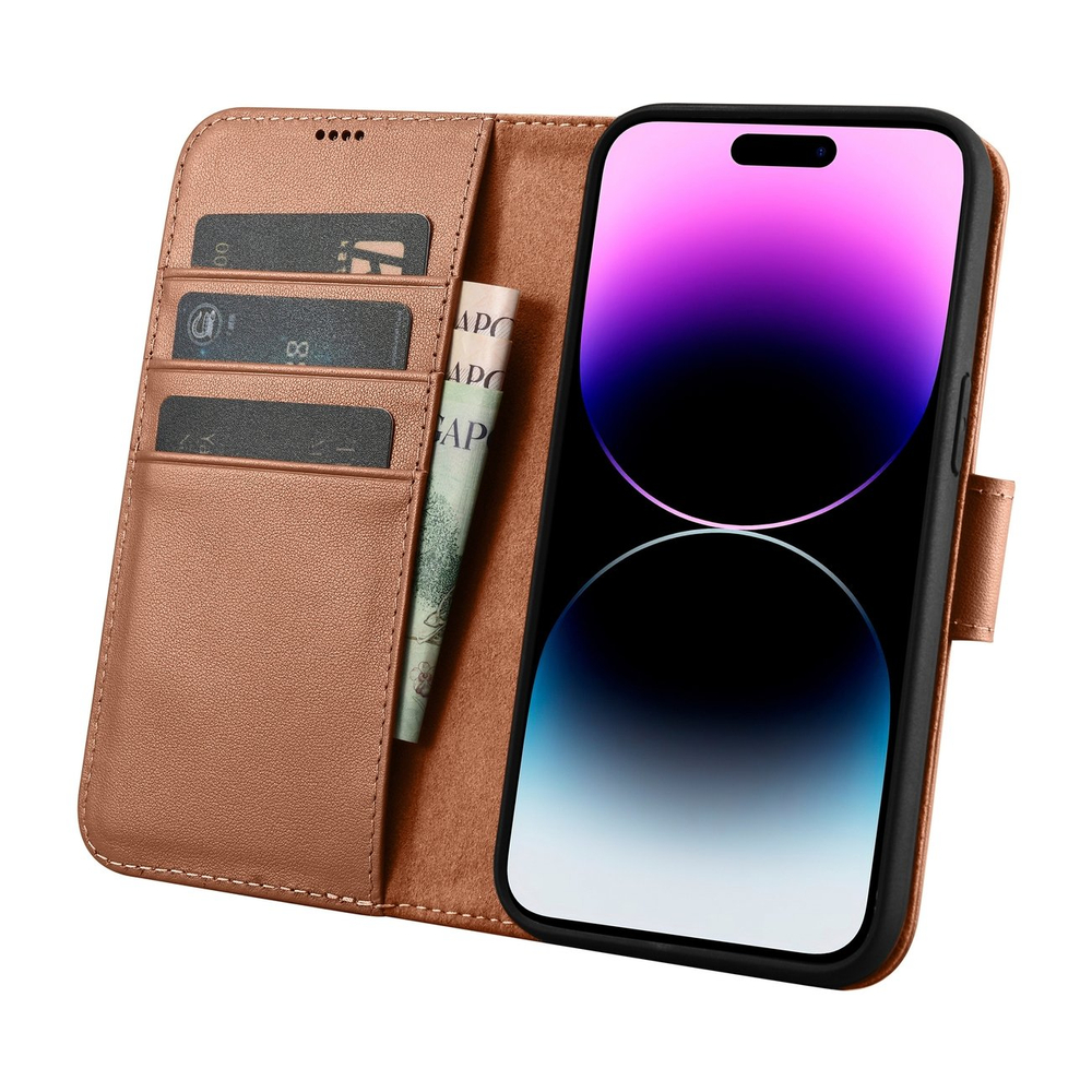 Icarer iPhone 14 Pro Max Leather Wallet Case 2in1 Anti-RFID, Brown