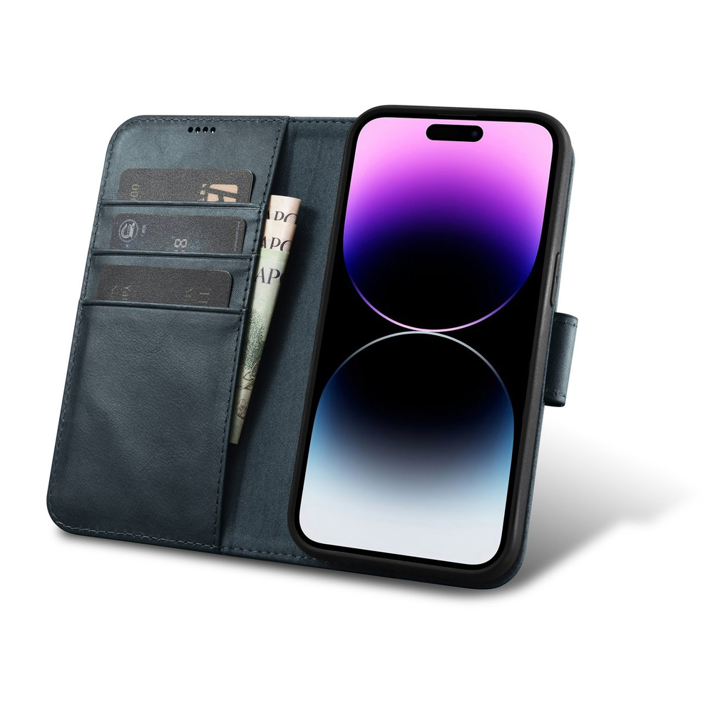 Icarer iPhone 14 Pro Max Oil Wax Leather Wallet Case 2in1, Blue