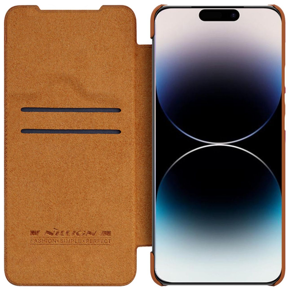Nillkin Qin Leather Pro maciņš iPhone 14 Max ar kameras aizsargu, brūns | Case Camera Cover Holster Flip Brown