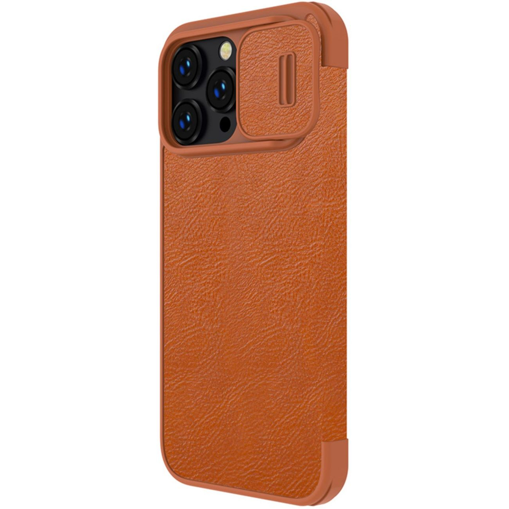 Nillkin Qin Leather Pro maciņš iPhone 14 Max ar kameras aizsargu, brūns | Case Camera Cover Holster Flip Brown
