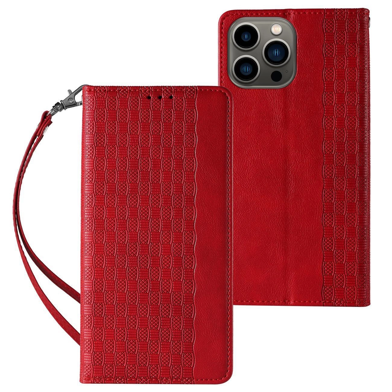 Magnet Strap Case Phone Case Cover iPhone 14 Pro Max Flip Wallet Mini Lanyard Stand Red