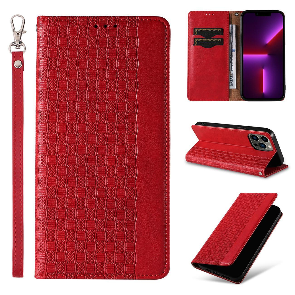 Magnet Strap Case for iPhone 14 Pro Max Flip Wallet Case with Stand, Red