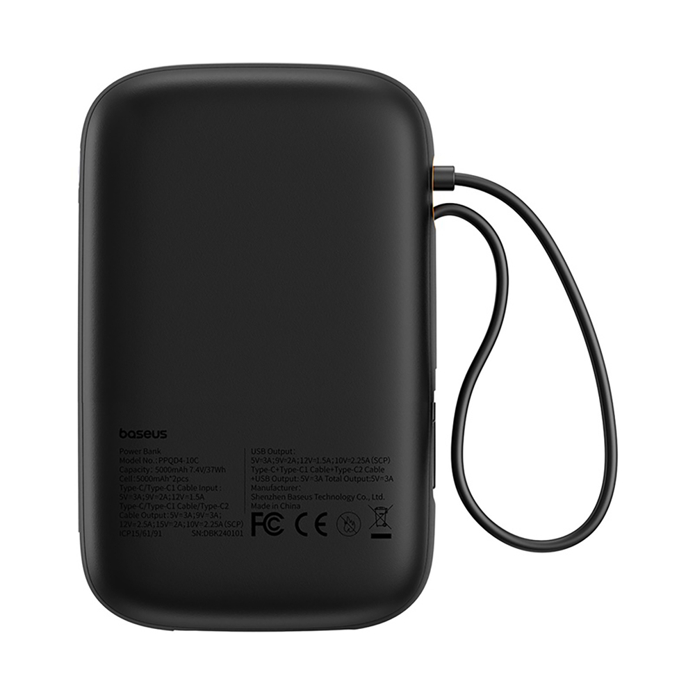 Baseus QPow 2 30W 10000mAh Power Bank with Built-in USB-C Cables - Black