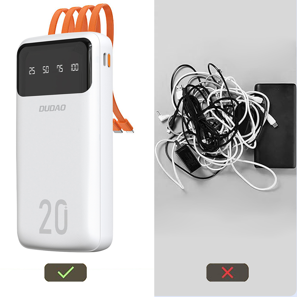 Dudao K6Pro+ 20000mAh Power Bank with 4 Built-in Cables, White