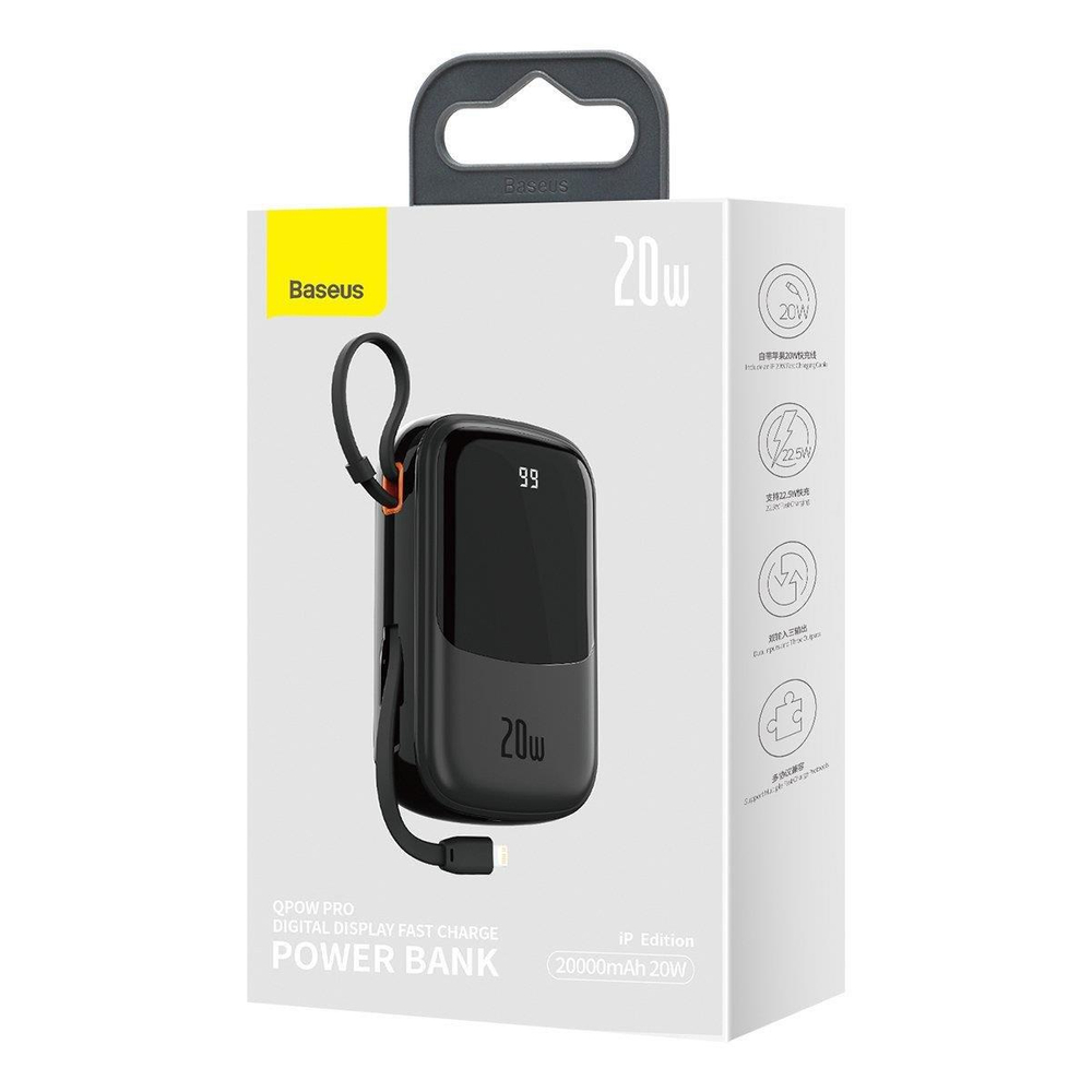 Baseus Qpow Digital Display power bank with fast charging 20000mAh 20W QC/PD/SCP/FCP with built-in Lightning cable black