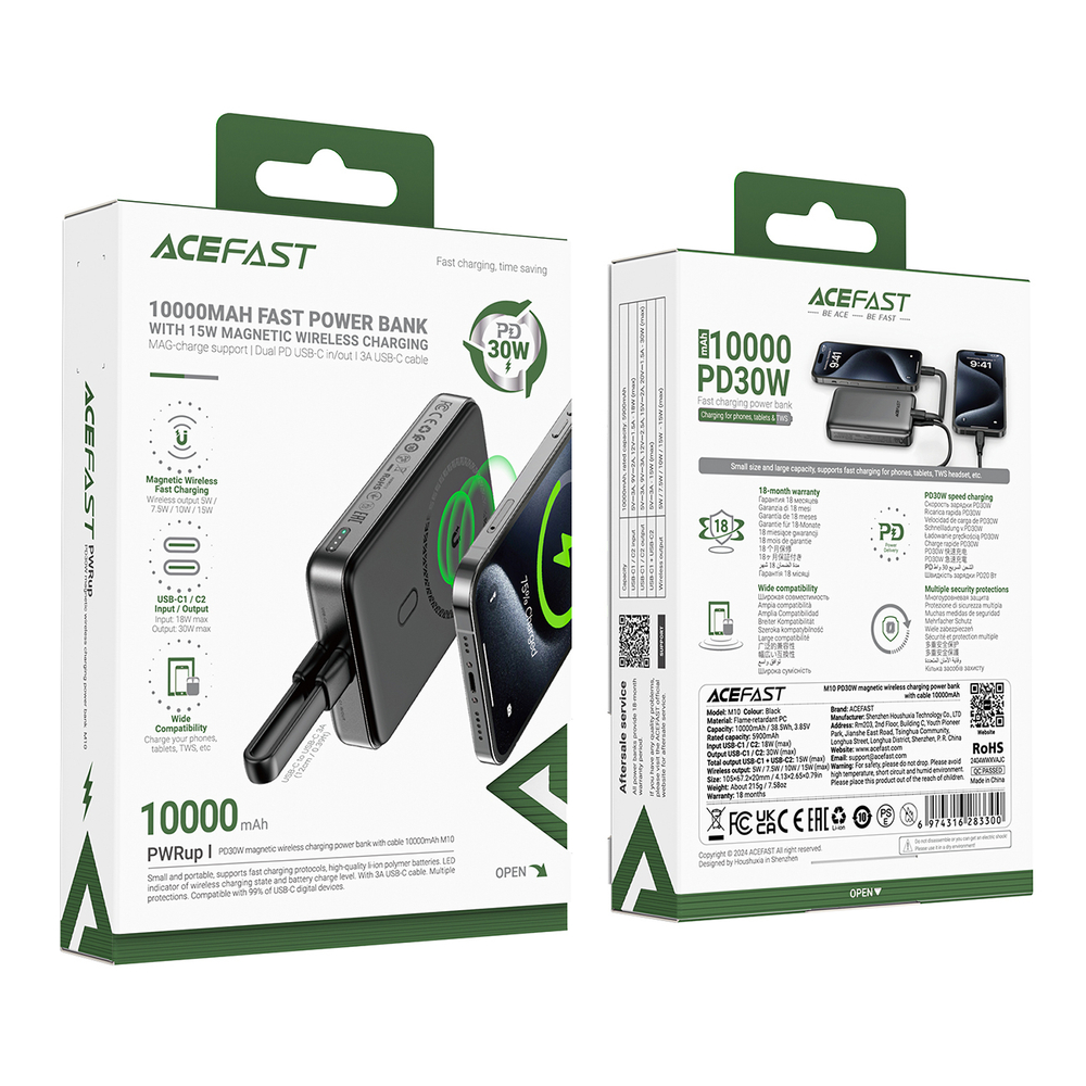 Acefast M10 Magnetic Power Bank 10000mAh 30W PD, Black