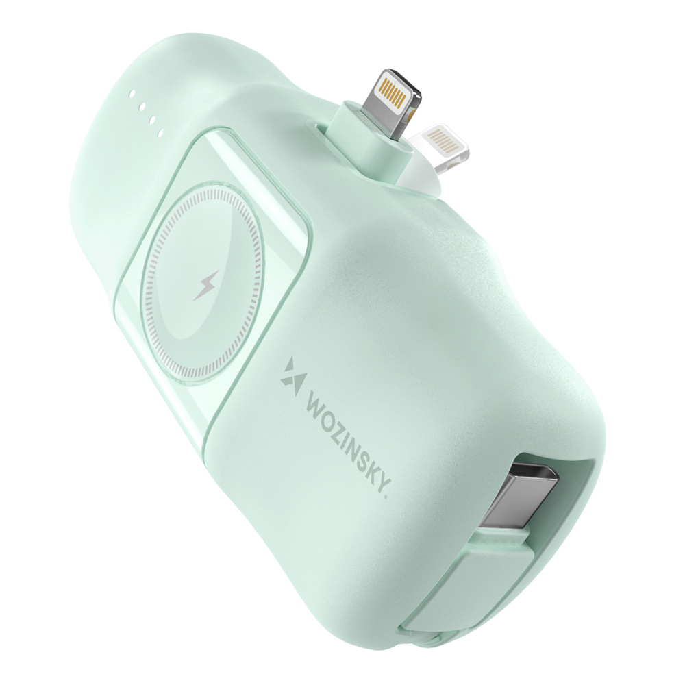 Wozinsky WF16-YLS 5000mAh 15W Lightning Mini Power Bank with Built-in USB-C Cable and Apple Watch Charger - Green