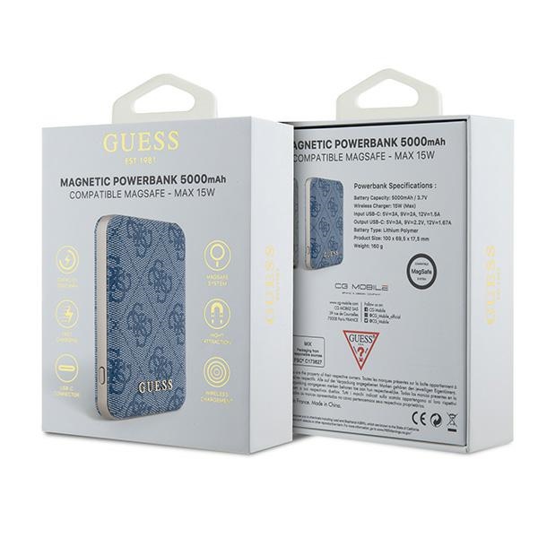 Guess 5000mAh 15W беспроводной внешний аккумулятор 4G Leather Metal Logo, синий