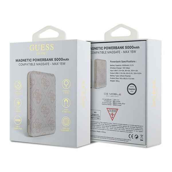 Guess 5000mAh Powerbank 4G Leather Metal Logo MagSafe, Pink
