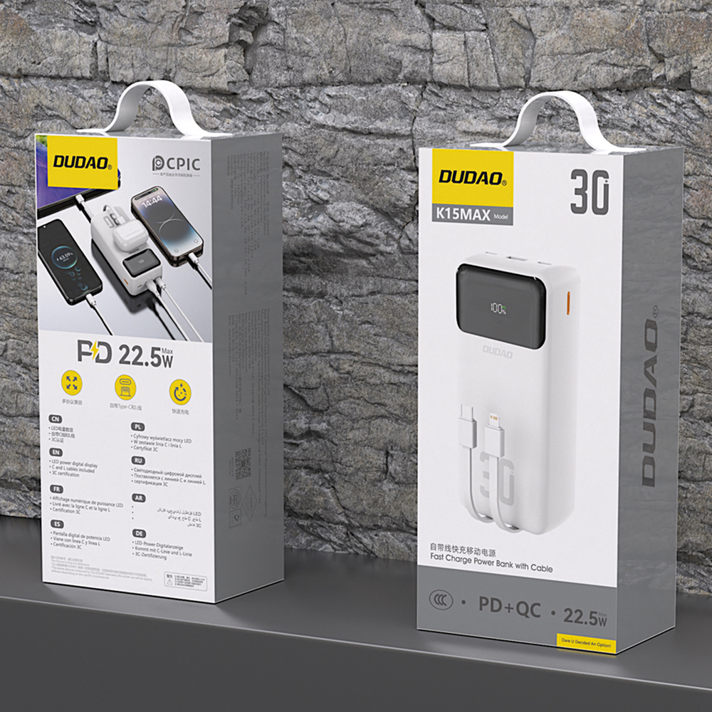 Dudao K15MAX 30000mAh PD 22.5W Powerbanka ar iebūvētiem kabeļiem - Balta | Powerbank With Built-In Cables White