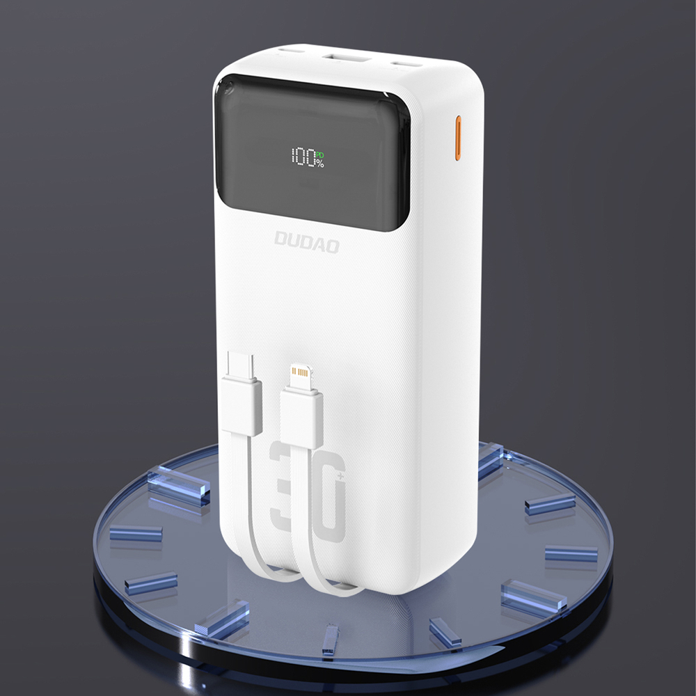 Dudao K15MAX 30000mAh PD 22.5W Powerbanka ar iebūvētiem kabeļiem - Balta | Powerbank With Built-In Cables White