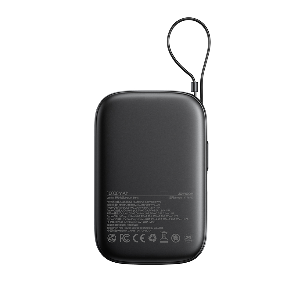 Joyroom JR-PBF17 22.5W 10000mAh Powerbank with Built-in USB-C Cable + 0.25cm USB-C Cable - Black