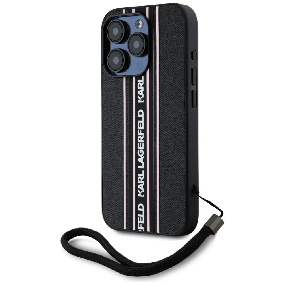 Karl Lagerfeld iPhone 15 Pro Max Case Saffiano Athleisure Stripes Cord, Pink