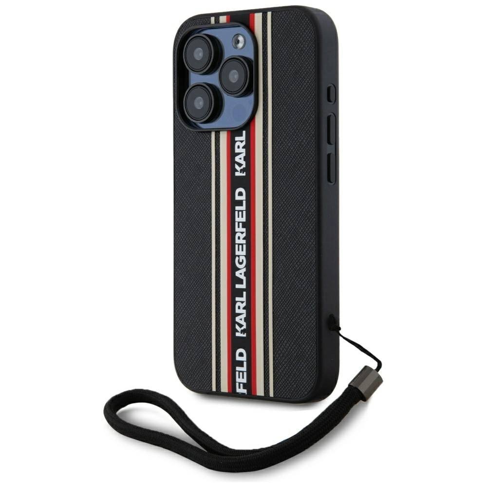 Karl Lagerfeld Saffiano Athleisure Stripes Cord iPhone 15 Pro Max Case - Red