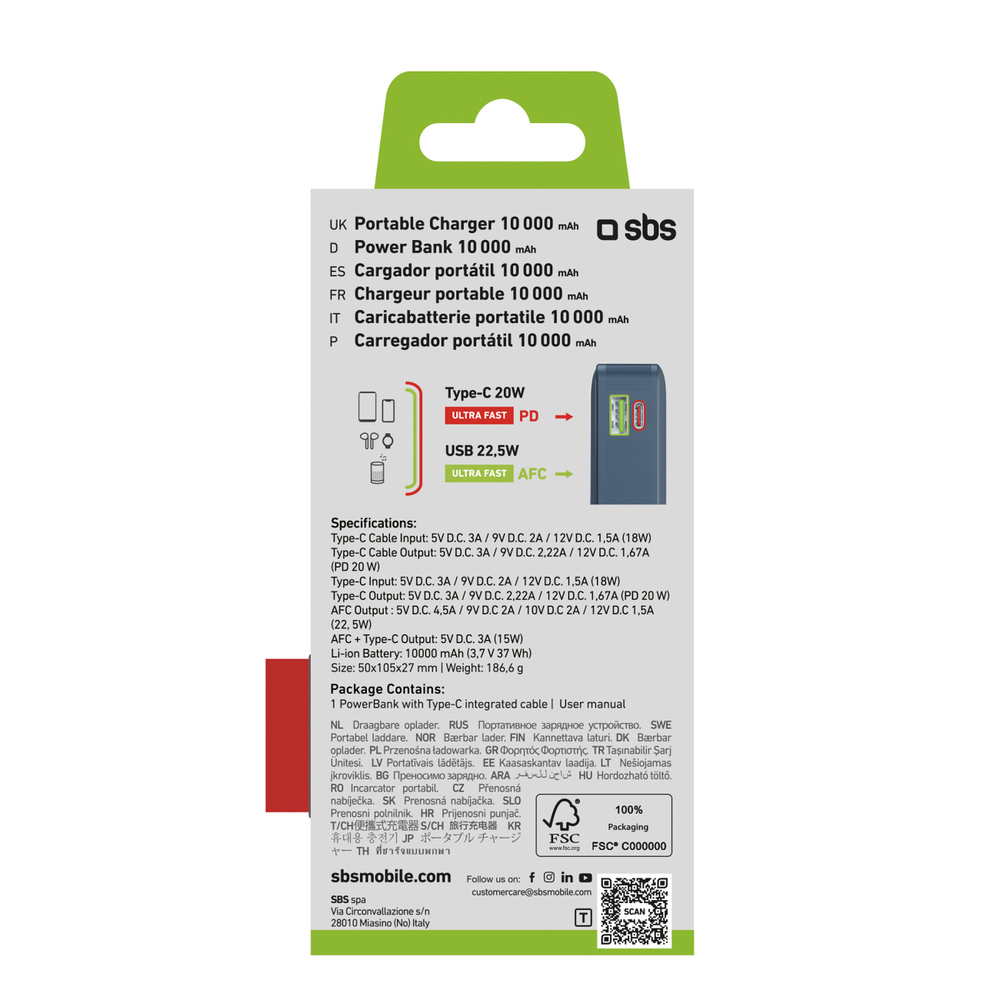 SBS 10000 mAh 20W Power Bank with Built-in USB-C Cable and LCD, Dark Gray