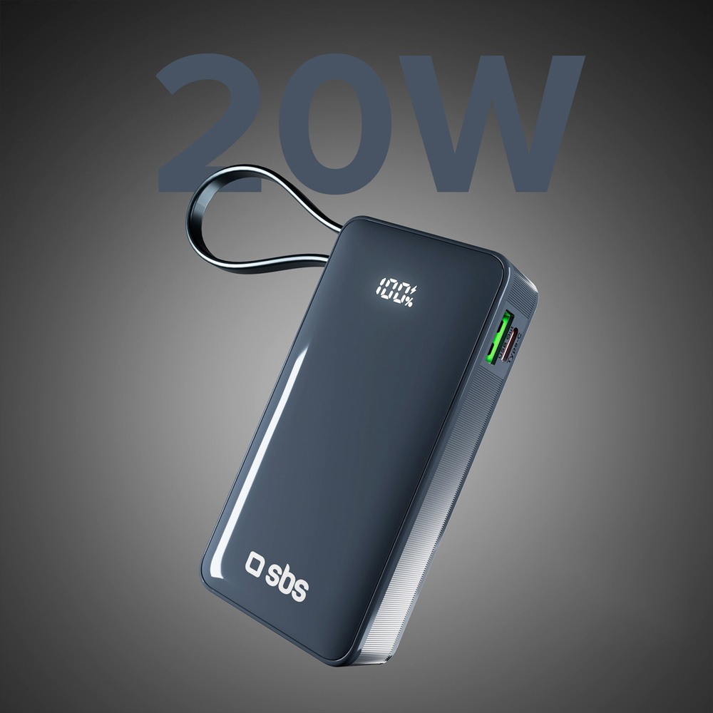 SBS 10000 mAh 20W Power Bank with Built-in USB-C Cable and LCD, Dark Gray
