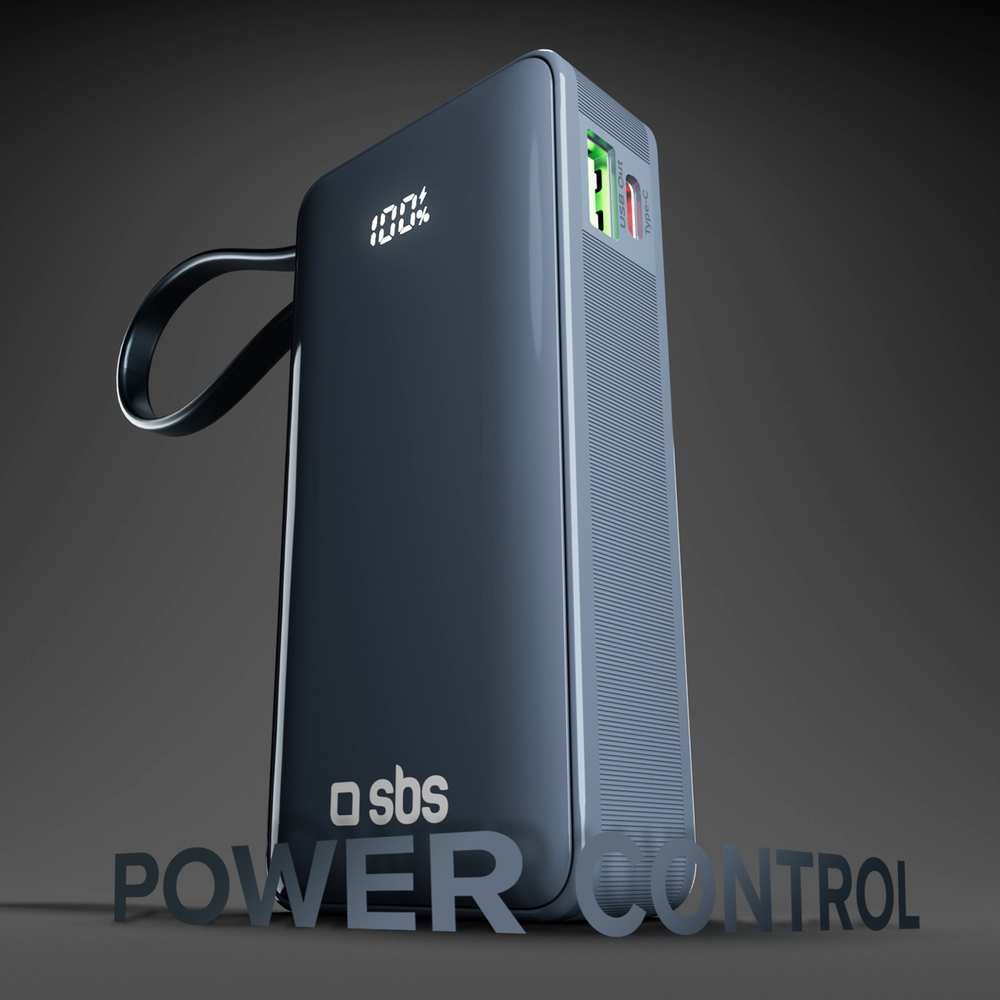SBS 10000 mAh 20W Power Bank with Built-in USB-C Cable and LCD, Dark Gray