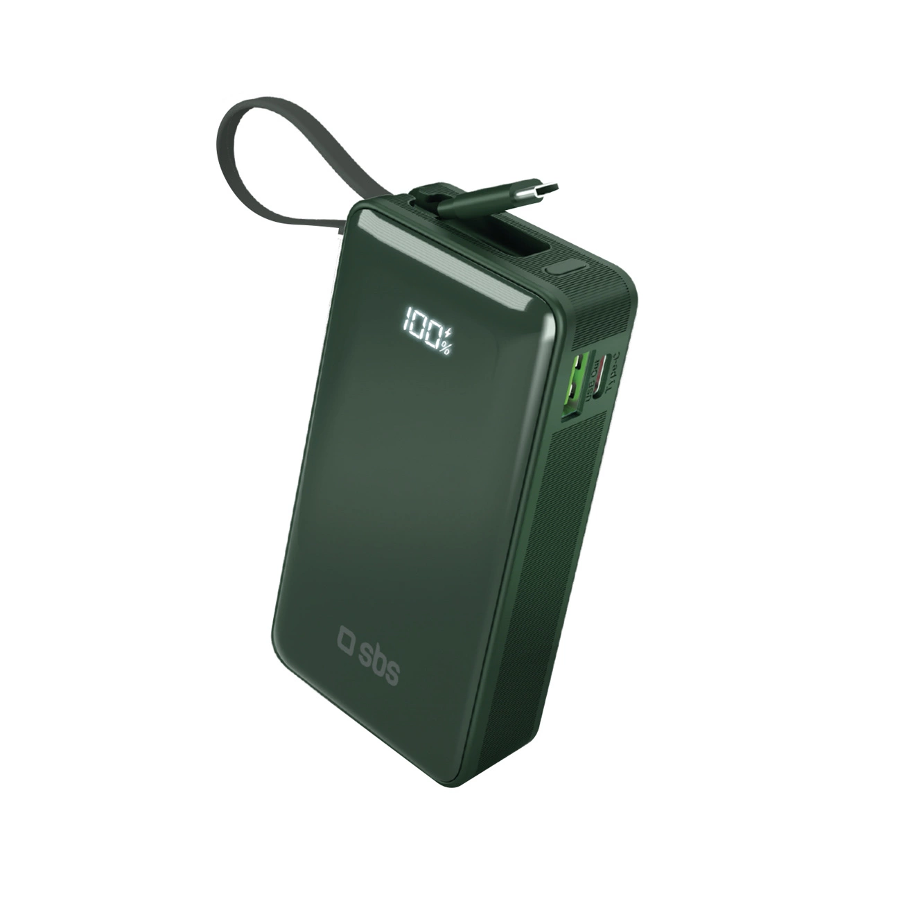 Sbs 10000 mAh 20W Powerbank with Built-in USB-C Cable, Green