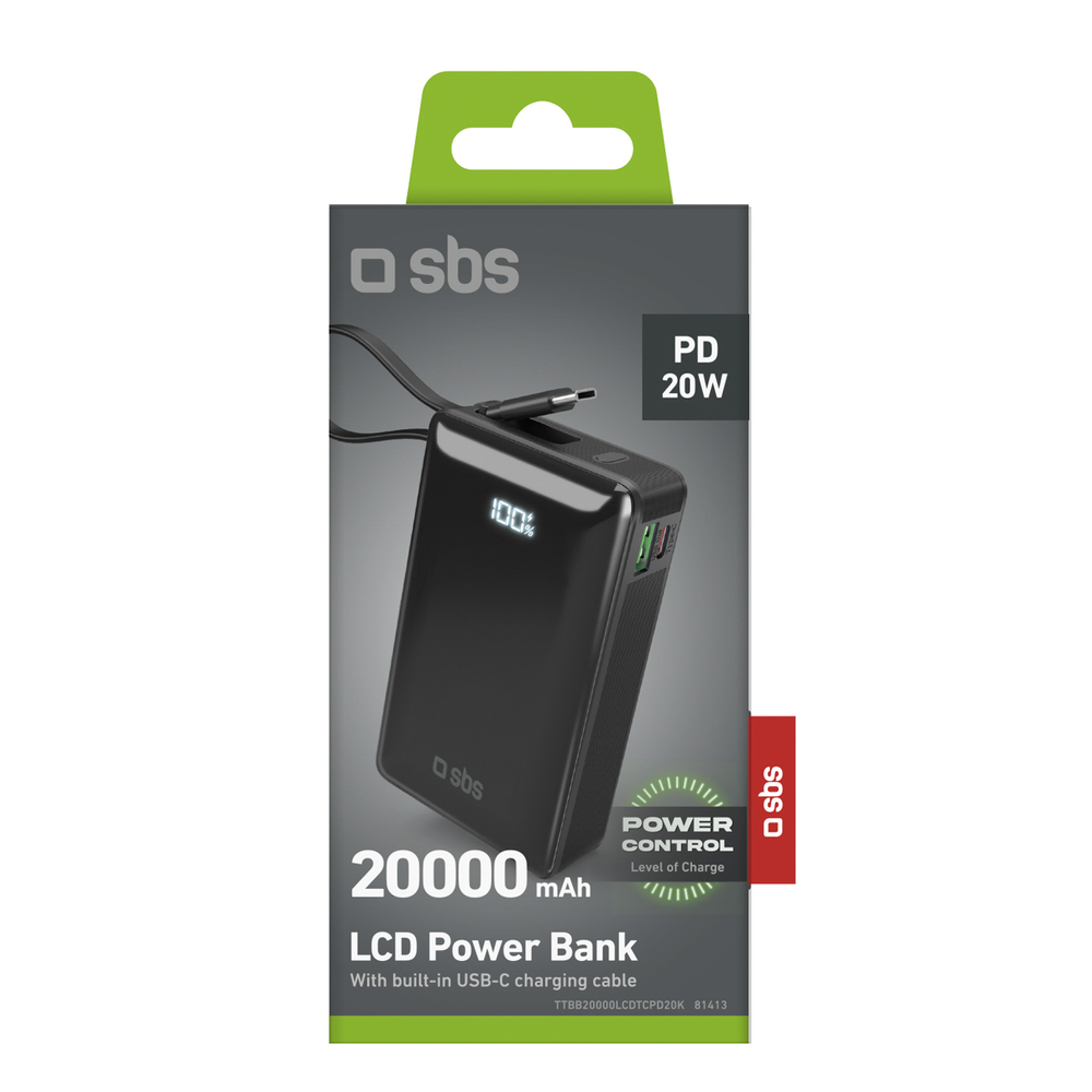 Sbs Powerbank 20000 mAh 20W with Built-in USB-C Cable and LCD, Black