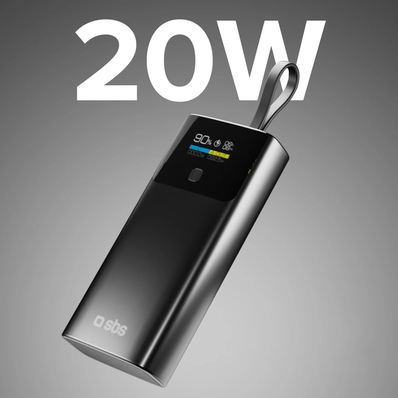 Внешний аккумулятор SBS 10000mAh PD 20W с LCD дисплеем и кабелем USB-C, серый
