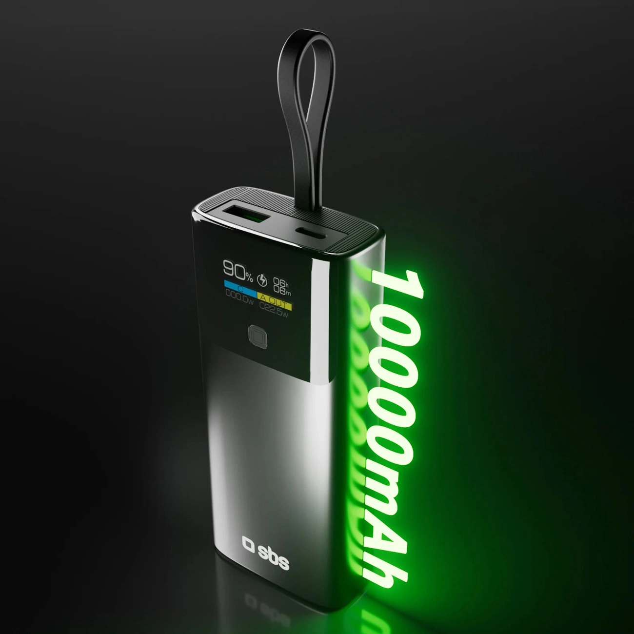 Внешний аккумулятор SBS 10000mAh PD 20W с LCD дисплеем и кабелем USB-C, серый