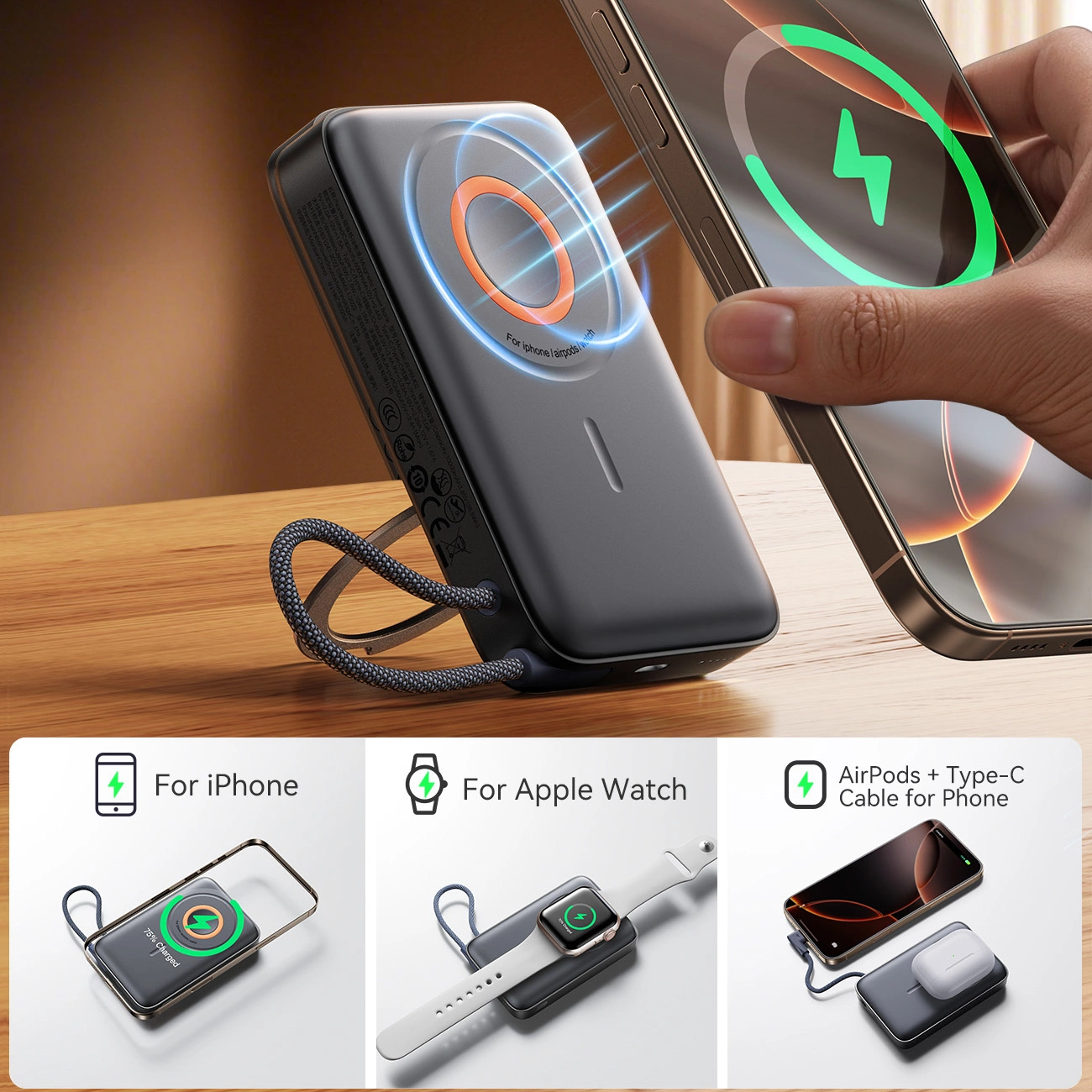 Внешний аккумулятор Joyroom JR-PBM02 10000mAh 22.5W MagSafe 3-в-1, черный