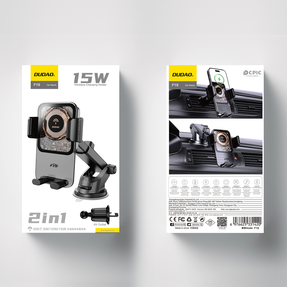 Dudao F19 clamp car holder with 15W inductive charger - black (3)