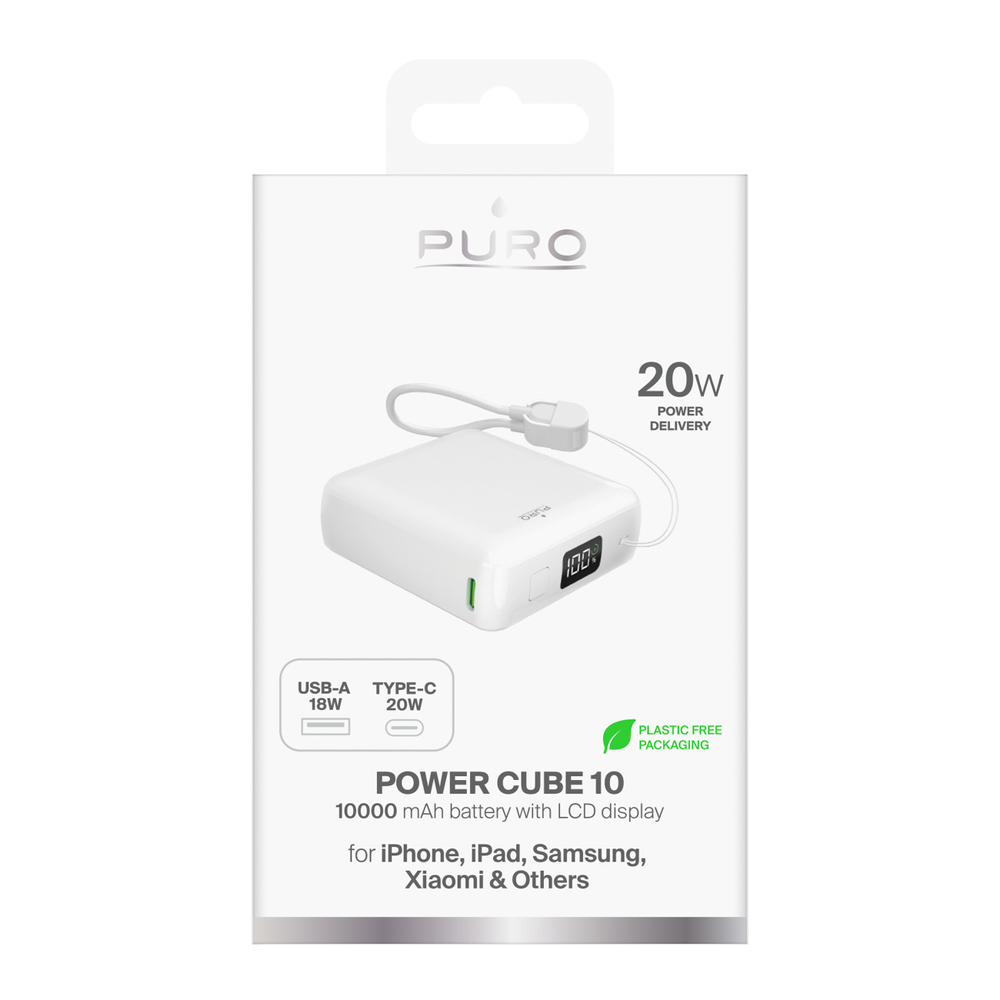 Puro 10000mAh 20W USB-C USB-A Power Bank with Display and Built-in USB-C Cable - White (0)