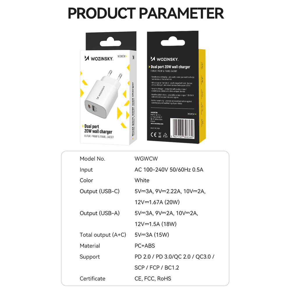 Wozinsky WGWCW USB-A USB-C 20W Wall Charger - White