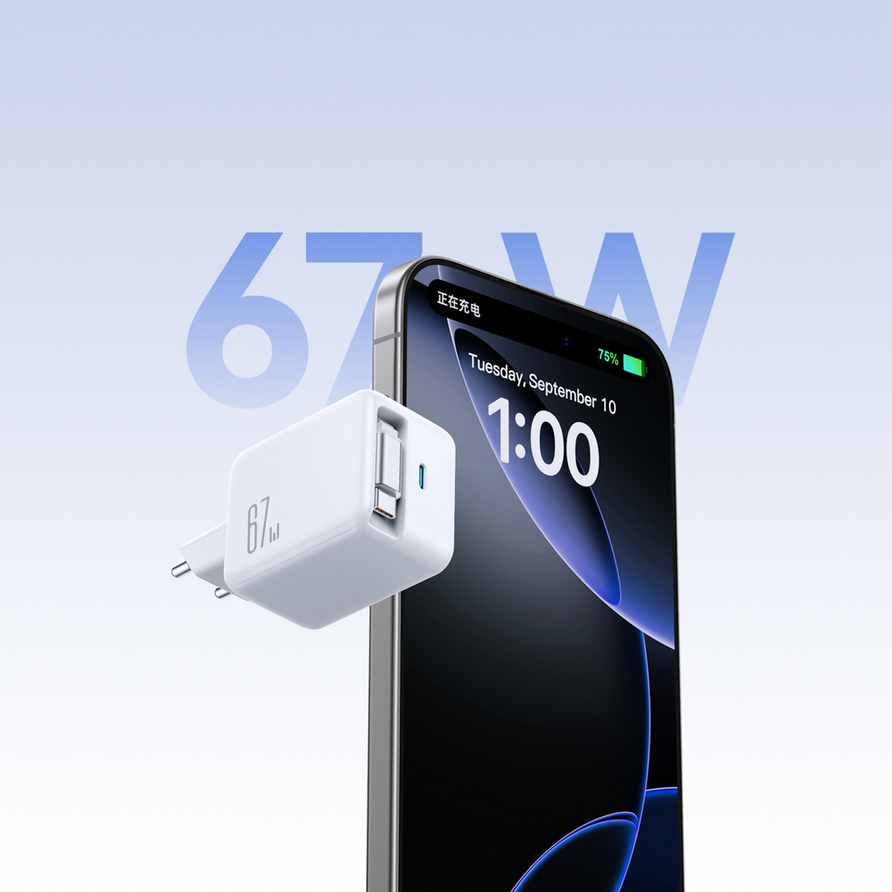 Joyroom JR-TCL06 67W GaN Wall Charger with Built-in Retractable USB-C Cable - White