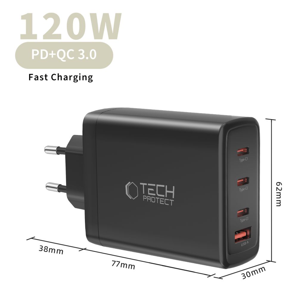 Tech-Protect NC120W-GAN 4-Port 120W Wall Charger - Black (3)