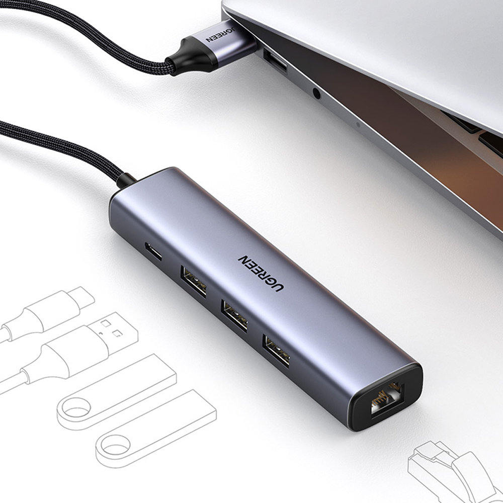 Ugreen CM475 USB 3.0 Hub Adapter with RJ-45 Ethernet and USB-C PD, Gray