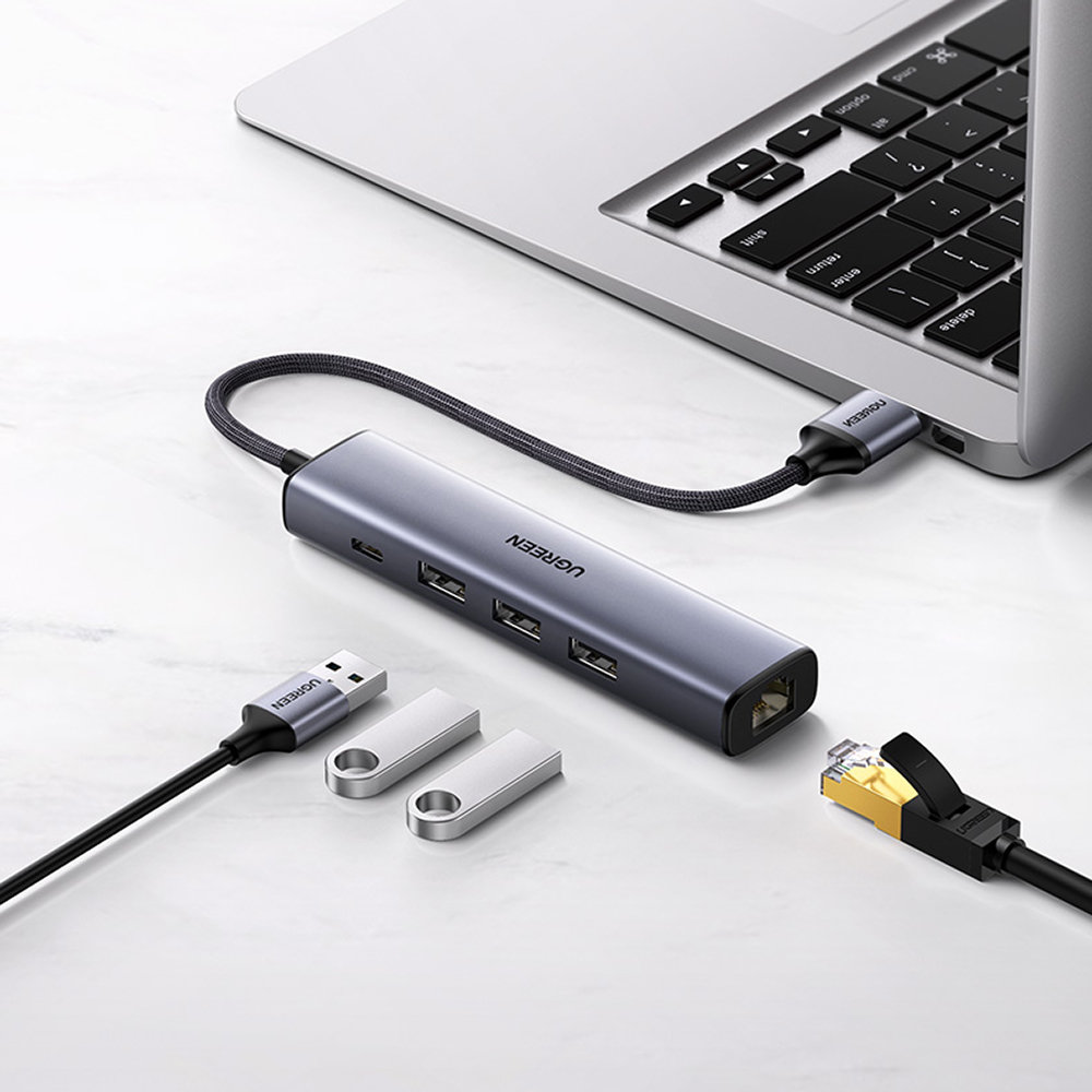Ugreen CM475 USB 3.0 Hub Adapter with RJ-45 Ethernet and USB-C PD, Gray