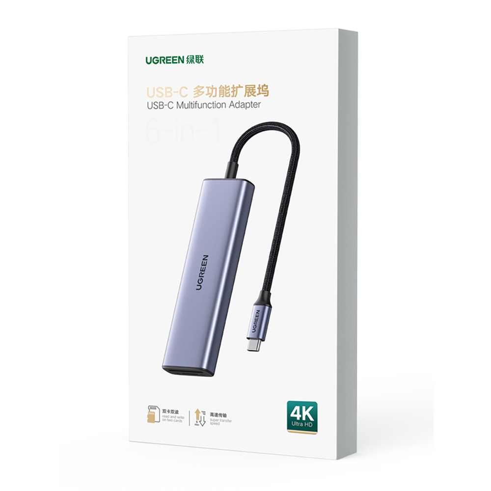 Ugreen CM511 6-in-1 USB-C Hub - HDMI, 3x USB 3.0, SD/TF Card Reader - Gray