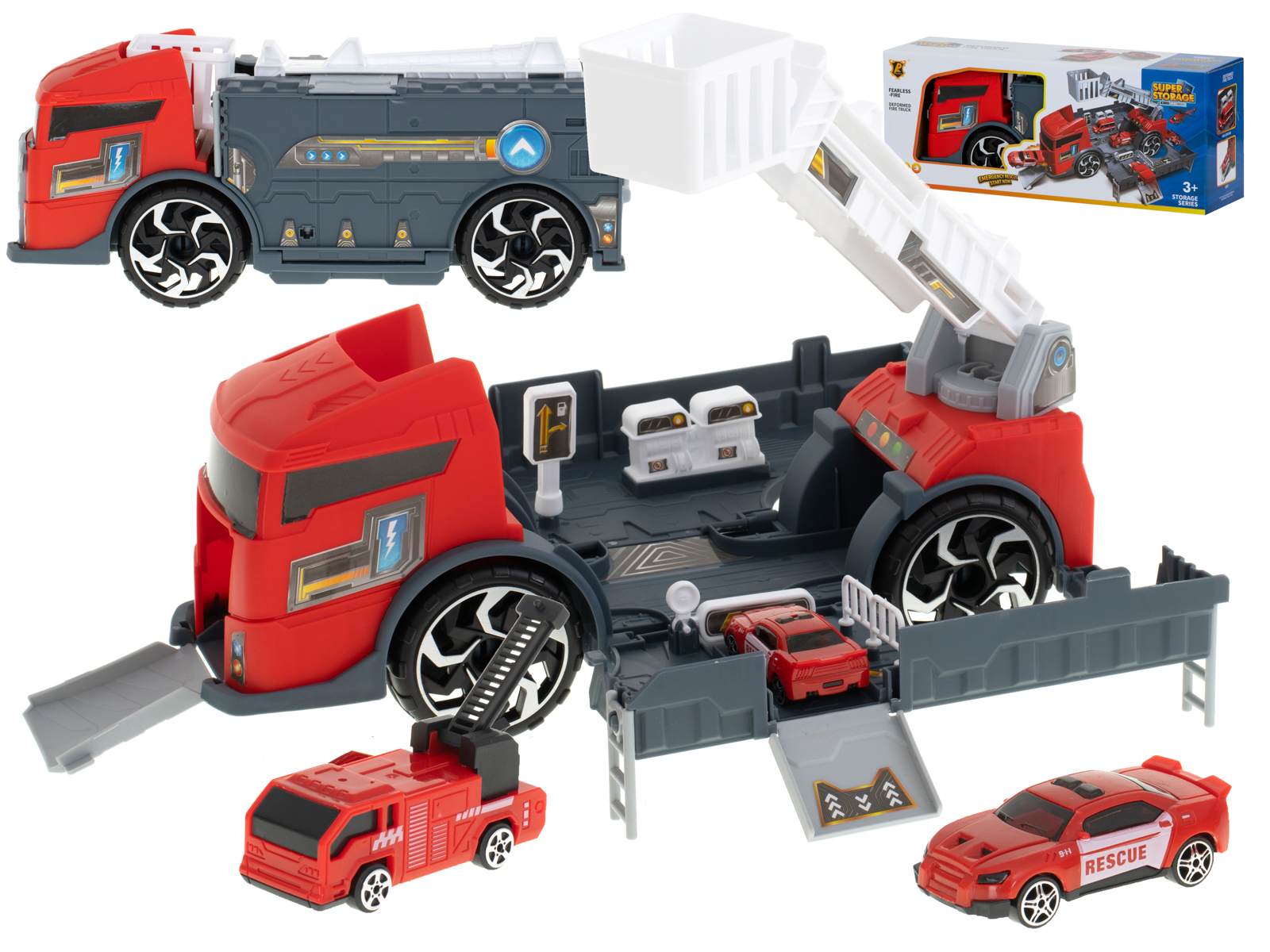 Ugunsdzēsēju kravas auto vedējs 2-in-1 ar 2 mašīnītēm, sarkans